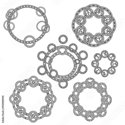 Celtic Knotwork Circular Ornaments, Viking Runes, Interlocking Chains, Mystical Symbols