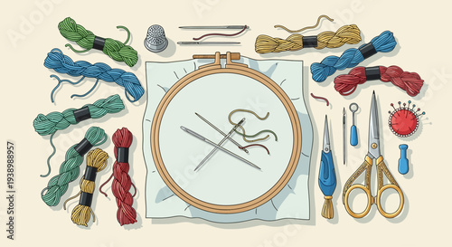 Embroidery Hoop with Threads, Needles, and Scissors: Crafting Supplies for Needlework