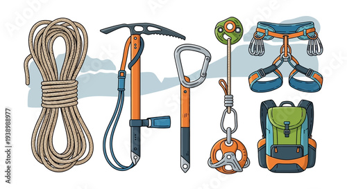 Climbing Gear Set: Rope, Ice Axe, Carabiner, Harness, Backpack, and Ascender