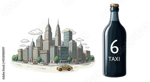 New York City Skyline with Yellow Taxi and Beer Bottle