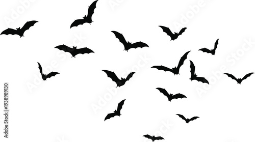 Flying bats silhouette, spooky night wildlife background, Halloween concept, dark sky bat swarm, mysterious nocturnal animals, horror nature scene