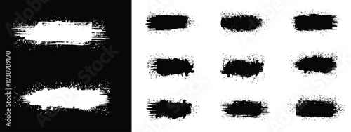 Ink brushstroke and paintbrush template with splashes grunge. Vector set black ink brush stroke. Dirty artistic design elements. Grunge splatter, dirt stain, brush with drops blots. Vector ink box, 