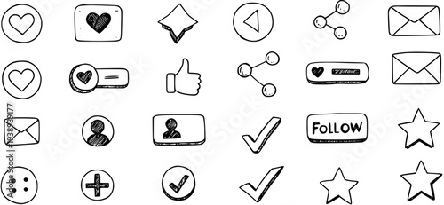 Hand-drawn Black and White Social Media Icons Set - Likes, Shares, Follow, Messages