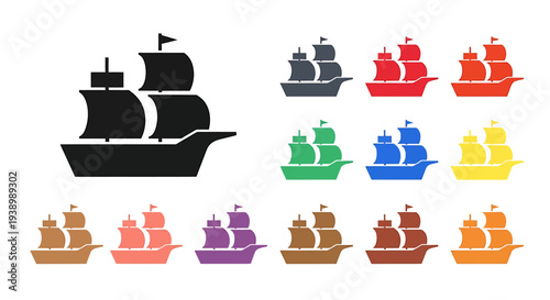 Pirate Ship Silhouette Set in Various Colors.