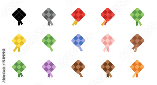 Colorful ketupat icons set, multicolored rice cakes collection for Eid Mubarak and Ramadan Kareem holiday.