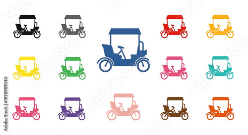 Tuk Tuk icons set colorful rickshaw silhouettes.