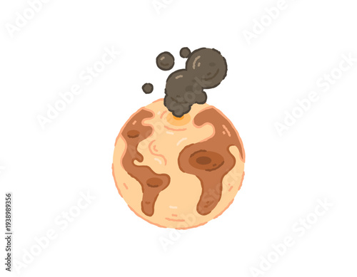 Illustration of a brown, smoky planet Earth symbol. The concept of a barren, damaged Earth, due to war, environmental pollution, or natural destruction. Flat illustration with textured outline
