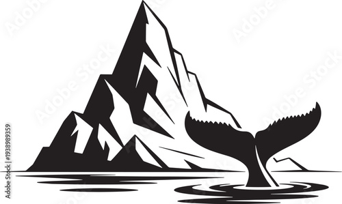 Whale tail fluke diving into water near rocky mountain peaks, ocean wildlife, nature. vector illustration