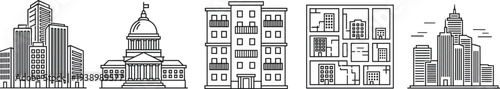 city building icons set, urban skyline, apartment house, government building, architecture design, modern cityscape, real estate