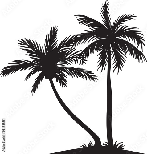Palm tree silhouettes in tropical beach landscape with coconut trees sun sea and summer island paradise vector illustration