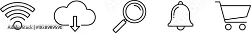 web interface icons set, wifi signal, cloud download, search magnifier, notification bell, shopping cart, internet technology