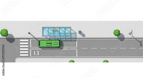 Aerial view of a green bus at a bus stop on a city street.