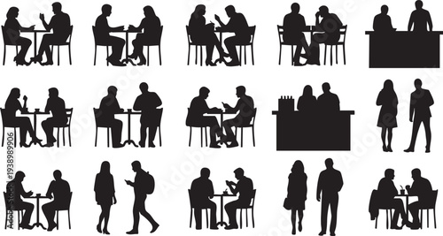 Cafe People Sitting Crowd Minimalist Black Silhouette Vector Set for Architectural Rendering