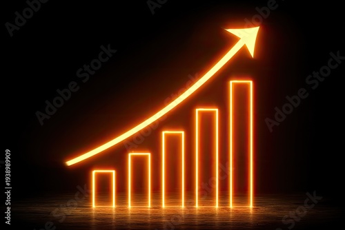 Glowing neon bar graph with upward-pointing arrow against a black background