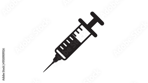 Syringe icon in minimalist style with dark monochrome color on white background for medical illustration