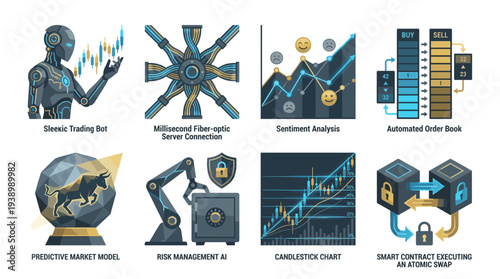 Set of AI trading and financial technology icons isolated on white background vector illustration