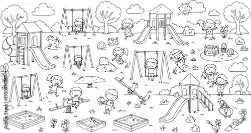Happy Kids Playground Fun: Black and White Line Art Cartoon Illustration of Children Playing on Swings, Slides, Seesaws, and Sandboxes, Early Childhood Education.