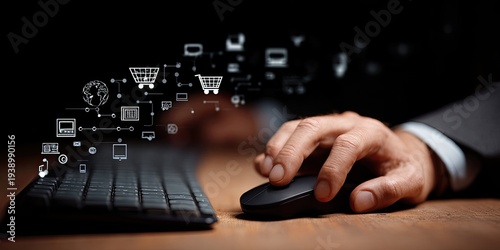 A person uses a mouse & keyboard. Digital shopping icons stream above the keyboard