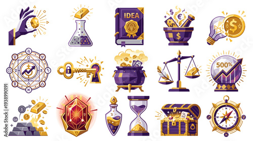 Alchemy financial icons set for business success and investment growth isolated on white background vector illustration