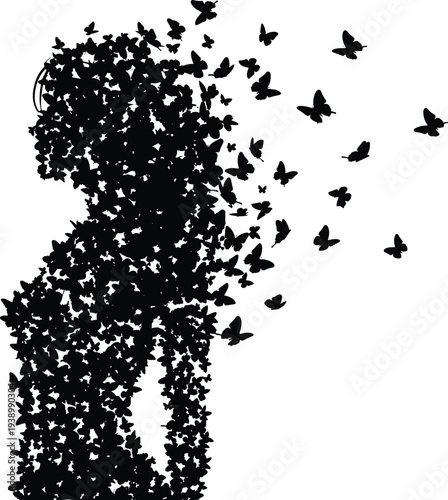 human silhouette made of butterflies, transformation concept illustration, flying butterfly swarm forming person shape, freedom and metamorphosis symbolism
