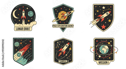 Collection of vintage space mission patches with rockets and planets.