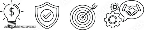 business strategy line icons set, finance idea security target and partnership outline symbols, modern startup and management vector icon collection