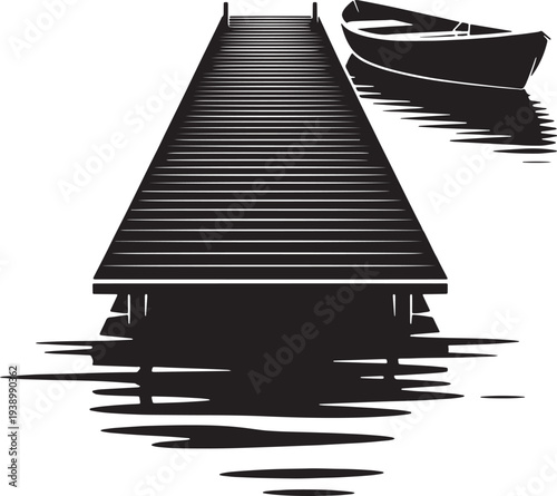 Wooden pier and boat on water surface reflection, dock and vessel silhouette on tranquil lake or sea vector illustration
