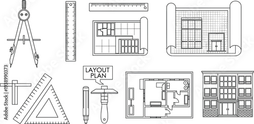 architecture drafting tools and building plan line icons set, blueprint equipment, ruler compass layout design construction outline collection