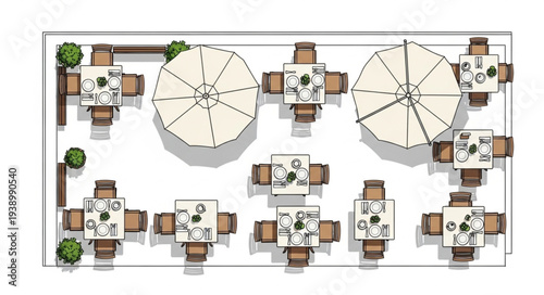 Outdoor restaurant seating arrangement with tables and umbrellas.
