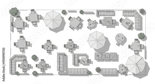 Top view architectural drawing of an outdoor cafe seating area.