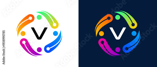 Modern letter “V” logo with a digital technology and connectivity concept Circular abstract design featuring vibrant gradient elements
