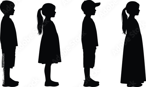 Silhouettes of diverse young children standing in a row, including boys and girls in profile view, wearing casual clothing, dresses, and baseball caps.