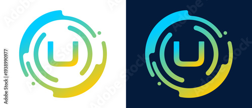 Modern letter “U” logo with circular abstract lines and blue gradient style, representing digital technology, innovation, connectivity, and professional tech branding.