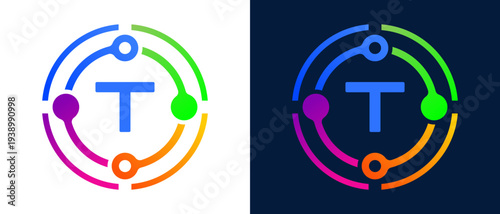 Modern letter “T” logo with colorful circular connection elements, representing digital technology, network connectivity, innovation, and smart systems.