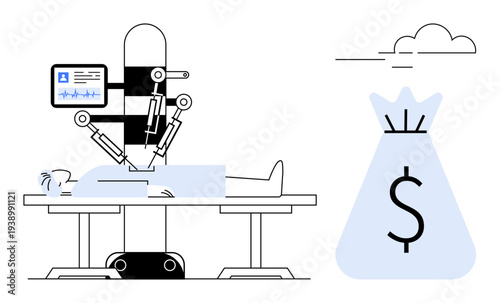 Robotic arm performing a surgical operation on a patient with a money bag representing healthcare costs or medical investments. Ideal for technology in medicine, healthcare finance, robotics