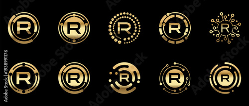 Luxury gold letter R K logo collection with modern circular and tech-inspired designs. Elegant metallic monogram icons on black background for premium branding, technology, finance, and digital