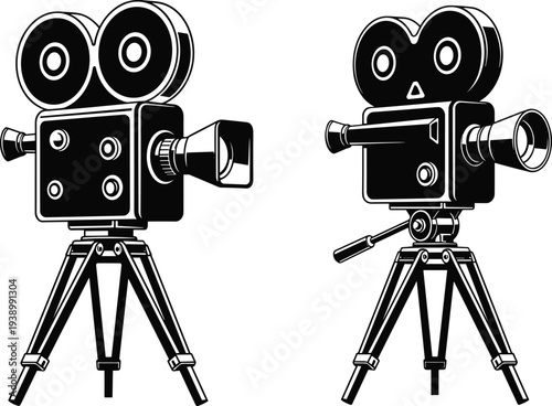 Vintage film camera silhouettes, retro cinematography icons, tripod mounted cameras, dual reels, lens viewfinder, classic movie equipment, filmmaking history illustration