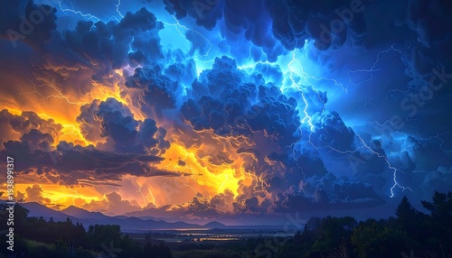 A dramatic stormy sky with lightning and vibrant colors