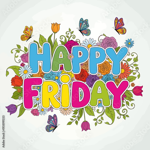 Happy birthday card with colorful balloons and floral cartoon design