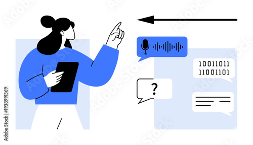 Communication concept. Communication tools include voice recognition, binary data, and messaging for real-time interaction. Communication for tech apps, AI development, online chats, digital data