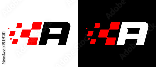 modern racing-style A-letter logo featuring dynamic pixel-like squares and a starting flag, this logo reflects the speed, performance and energy of competition.