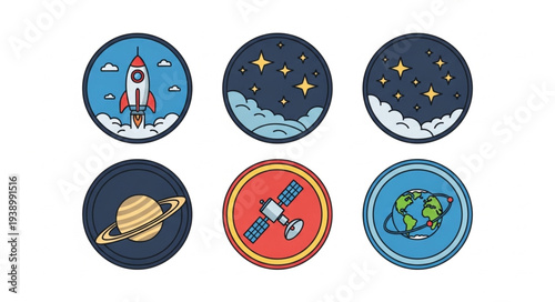Collection of space and science themed circular icons.