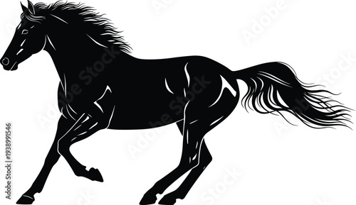 Running horse silhouette vector, powerful black stallion galloping, wild mustang motion illustration, isolated equine profile for sports logo, minimalist animal art. (24 words)