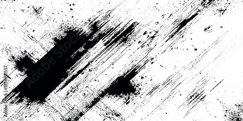 Grungy black ink splatter texture background with heavy diagonal charcoal grain featuring bold diagonal dry brush strokes and heavy ink splatters on a white background.