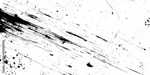Grungy black ink splatter texture background with heavy diagonal charcoal grain featuring bold diagonal dry brush strokes and heavy ink splatters on a white background.