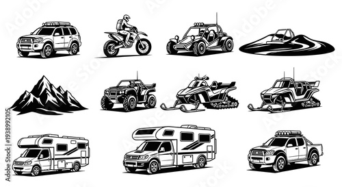 Black  White Off-Road and Adventure Vehicles Vector Set for Outdoor Recreation