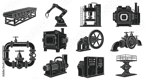 Industrial Factory Machinery Glyph Icons Set - Production Automation Equipment