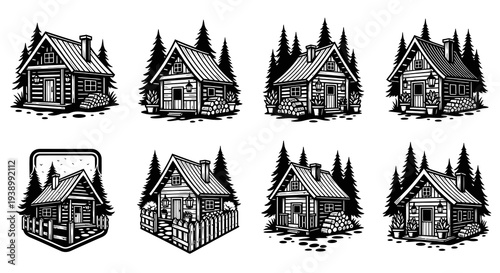 Rustic Outdoor Log Cabin Forest Houses Monochrome Line Art Set