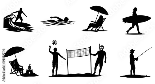 Summer Beach Vacation Sports Activities Silhouettes Icon Set - Black and White Vector Art