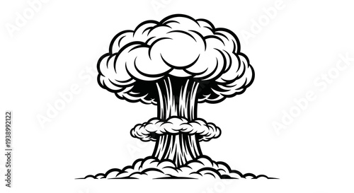 Atomic Bomb Mushroom Cloud Black  White Line Art Vector Illustration of Destruction